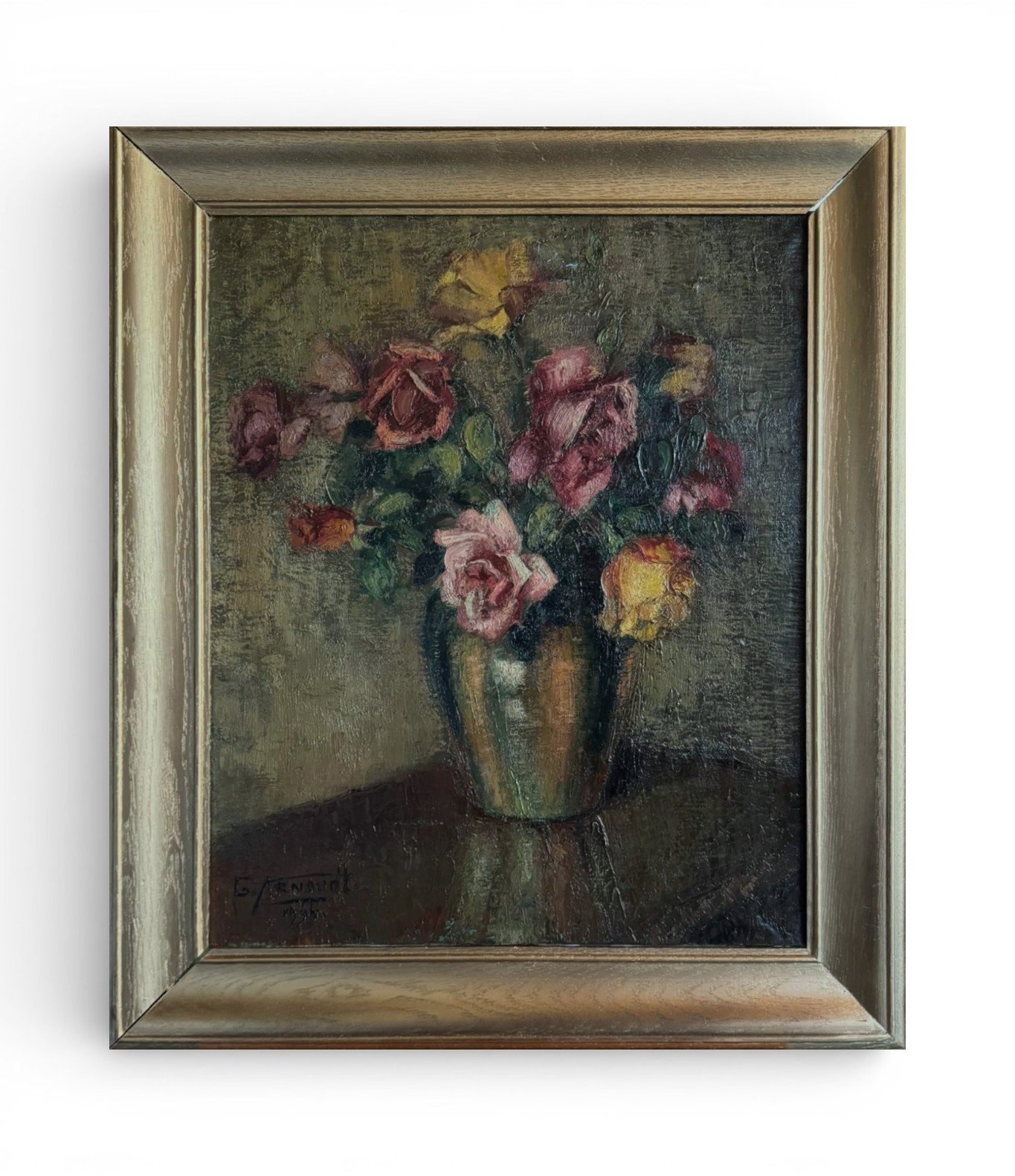 Beautiful Vintage  Oil Painting Red & Yellow Roses in Green Vase 